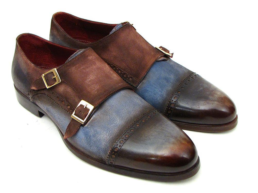 Paul Parkman ''045AN14'' Blue / Brown Genuine Suede Captoe Double Monkstrap Shoes.